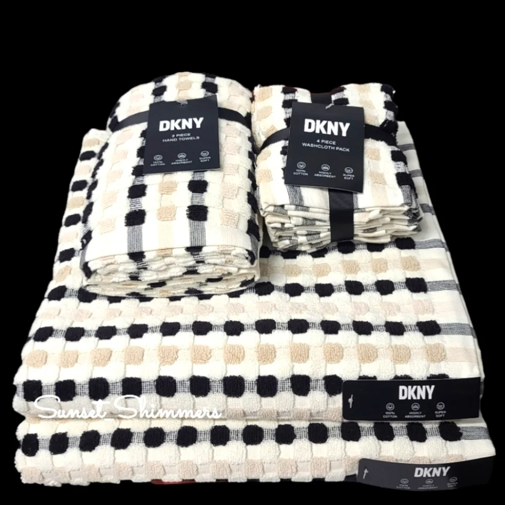 DKNY 8Pc 2 Bath 2 Hand 4 Washcloth TAN BLACK WHITE Gingham Check Towel Set NEW